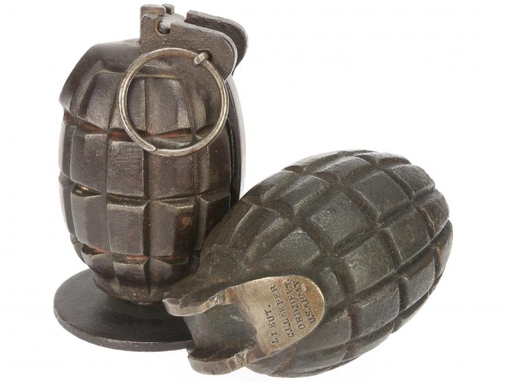 British WWI Mills Bomb Lot: No. 5 MK I with Launcher Disc Base & Unfinished Casting with Presentation