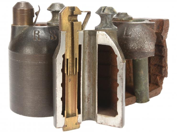 French WWI VB Rifle Grenade Lot: 3 Grenades Including a Cut-Away Training Grenade