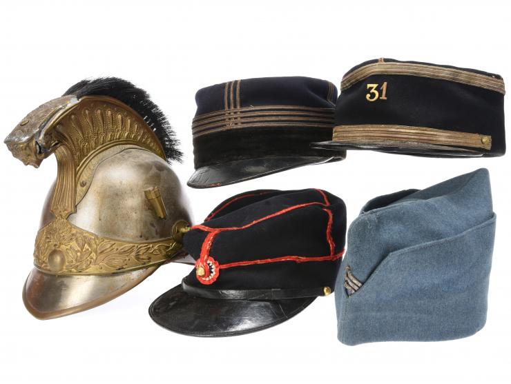 French WWI Era Military & Civil Headgear Mixed Lot: 3 Kepis, Cuirassier Helmet, & Officer's Sidecap