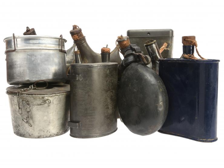 WWI Canteen & Mess Gear Mixed Lot: French, British & German with French Modèle 1858 Canteen