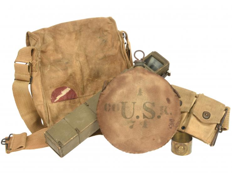 WWI US Accoutrement & Equipment Lot: Trench Periscope, Cartridge Belt, & Pre-War Canteen