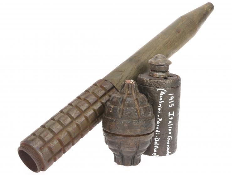 Three Italian WWI Grenade Lot: BPD, Besozzi, and a Stick Grenade