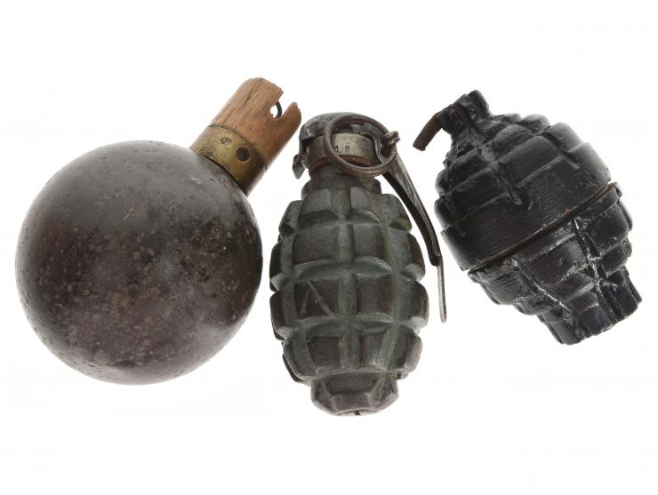 Lot of Three Inert WWI French Grenades: Mle. 1914 Spherical, Besozzi, & Mle. 1915 F1