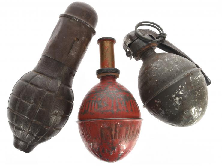Three Inert WWI French Grenades: Two OF1 Offensive Grenades & Citron Foug With Original Safety Cap