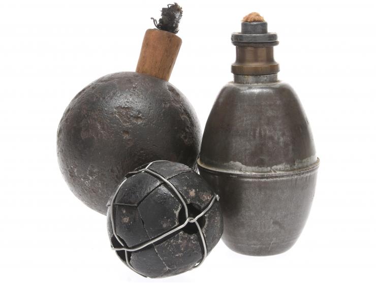 Three Inert French Grenades: Mle. 1847, Bertrand Suffocante, & Mle. 1916 Converted to Dugout Lamp
