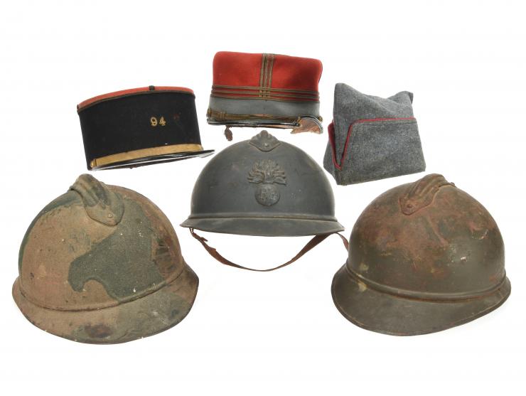 French & Italian WWI Era Headgear Lot: Three Adrian Helmets, Two Kepis, & More