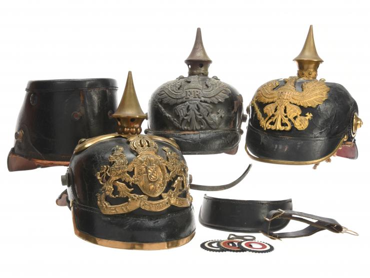 Imperial German Headgear Lot: Three Scratch-and-Dent Pickelhauben & One Derelict Shako
