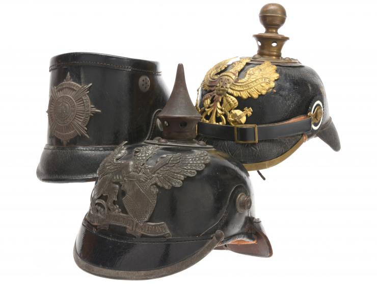 Imperial German Headgear Scratch-and-Dent Lot: Kugelhelm, Pickelhaube & Prussian Garde Jäger Shako