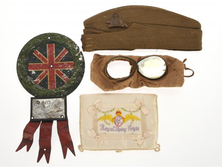 British & Canadian WWI Mixed Lot: Flying Goggles, Remembrance Art, & Canadian 22nd Battalion Badge