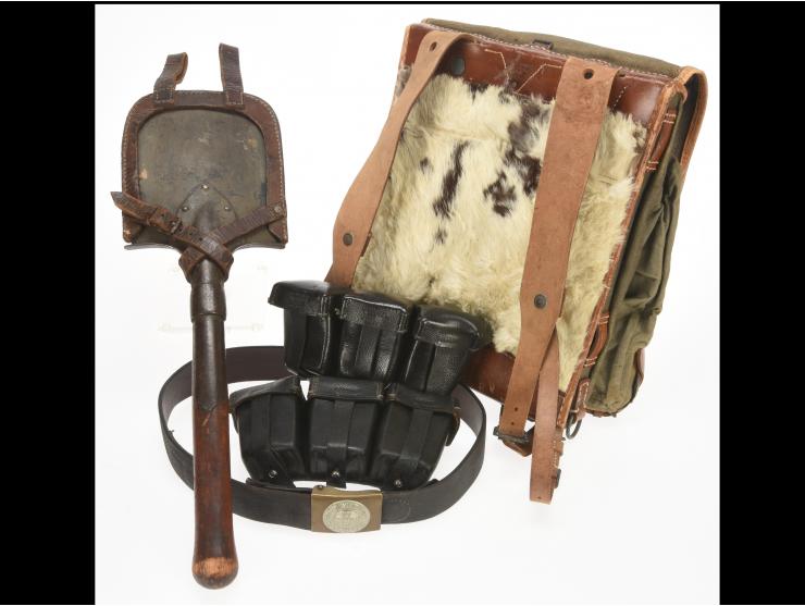 Imperial German WWI Accoutrement Lot: Cartridge Pouches, Belt, Pack, & Shovel Carrier